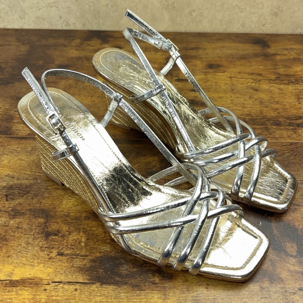 Tory Burch Espradille Wedge Sandals Womens Size 7.5M Mettalic Silver Gold